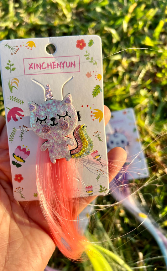 FAUX COLORFUL HAIR EXTENSION CLIP UNICORN KITTY