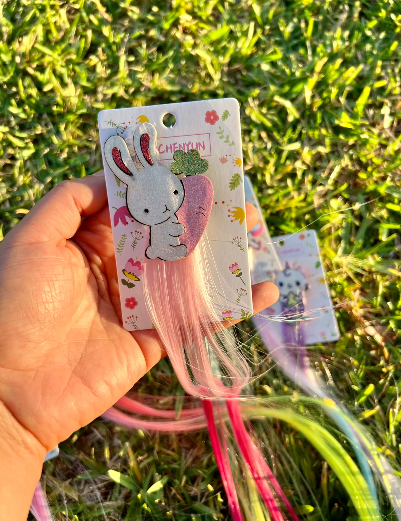 FAUX COLORFUL HAIR EXTENSION CLIP BUNNY PINK CARROT
